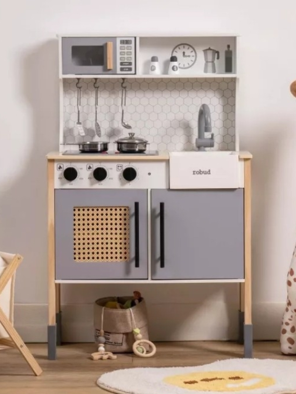 Classic Gray Wooden Play Kitchen Set for Kids – Pretend Play Kitchen. 3+ Years.